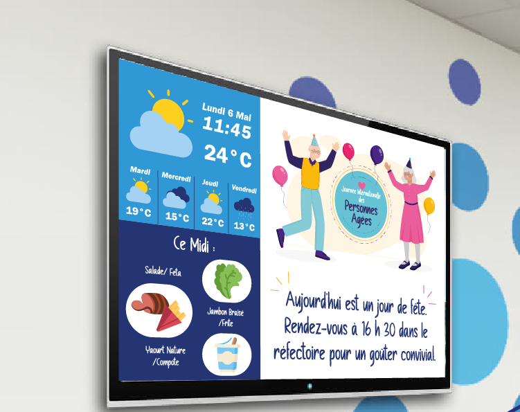 communication pour les Ehpad. Tv dans le couloir pour communiquer auprès de ses résidents.